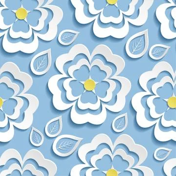 Modern seamless pattern with 3d flowers sakura and leaves Stock Illustration