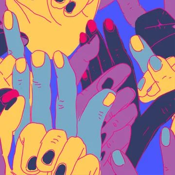 Modern seamless pattern with bright nails and hands. Doodle Style. Stock Illustration