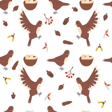 Modern seamless pattern with cute sparrows, nests, acorns and twigs.Forest fu Stock Illustration