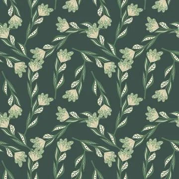 Modern seamless pattern with doodle random flowers silhouettes. Pale green co Stock Illustration