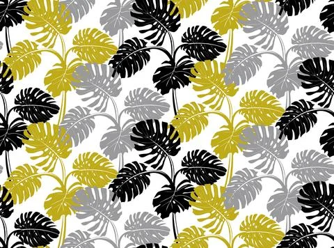 Modern seamless pattern with gray black and gold monstera bushes Stock Illustration