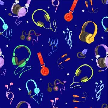 Modern seamless pattern with headphone, audio equipment listening to music, new Illustrazione stock