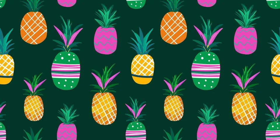 Modern seamless pattern multicolored doodle-style painted pineapples for web des Stock Illustration