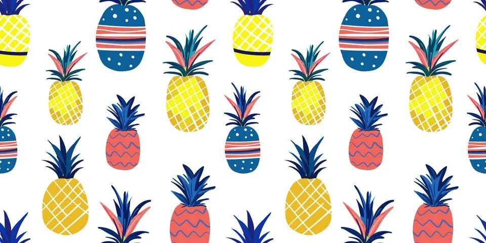 Modern seamless pattern multicolored red yellow blue painted doodle style pineap Stock Illustration
