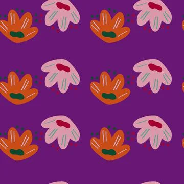 Modern seamless pattern with orange and pink doodle flowers elements. Purple  Stockillustratie