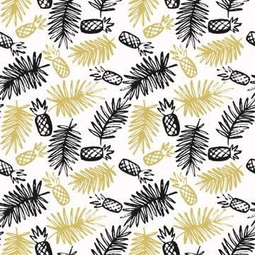 Modern seamless pattern with pineapples and palm leaves Stock Illustration