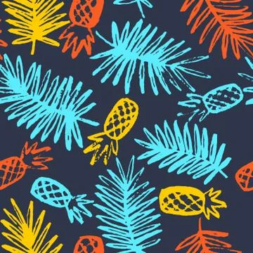 Modern seamless pattern with pineapples and palm leaves Stock Illustration
