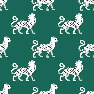 Modern seamless pattern with white spotted leopards on emerald background. Stock Illustration