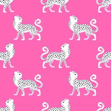 Modern seamless pattern with white spotted leopards on a pink background. Stock Illustration