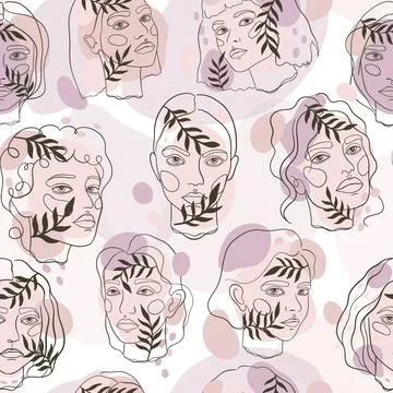 Modern seamless pattern women face line art.Fashion portrait hand drawn. Stock Illustration