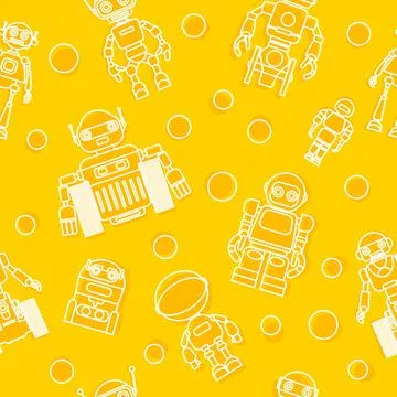 Modern seamless robots flat linear pattern on yellow background. Stock Illustration