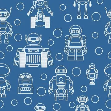 Modern seamless robots flat linear pattern on blue background. Stock Illustration