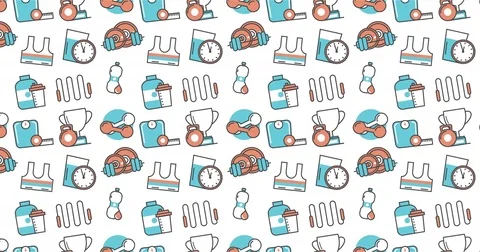 Modern seamless texture background of flat fitness, sport icons Stock Footage 75329129