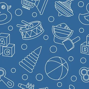 Modern seamless toys flat linear pattern on blue background. Vector Stock Illustration