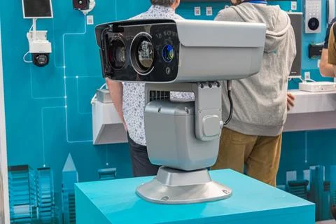 Modern security camera on teal pedestal, vibrant teal wall with network pat.. Stock Photos