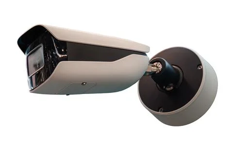 Modern security camera on white background, sleek design, angular body, black Stock Photos