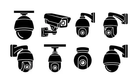 A of modern security surveillance camera silhouettes for monitoring. Stock Illustration