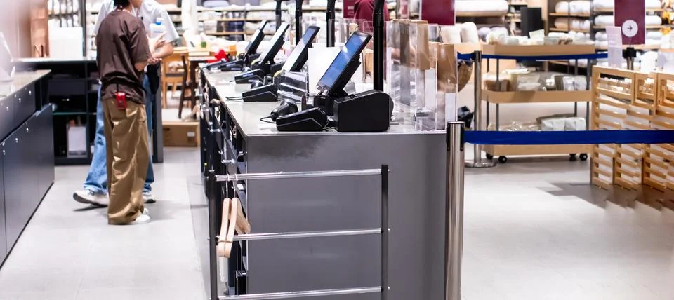 Modern self-checkout counters with digital touch screens and barcode scanne.. Stock Photos