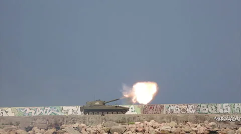 Modern self-propelled artillery systems firing Stock Footage 67012481