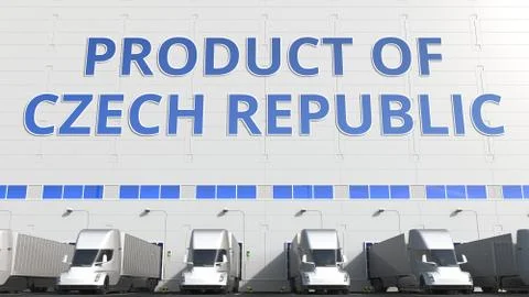 Modern semi-trailer trucks at warehouse loading dock with PRODUCT OF CZECH Stock Illustration
