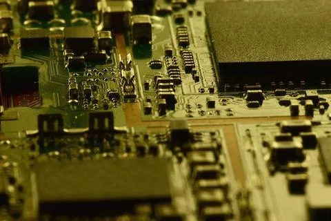 Modern serial assembly of unpackaged electronic components on a printed circu Stock Photos