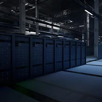 Modern server facility operating advanced AI tasks, 3D rendering Illustrazione stock