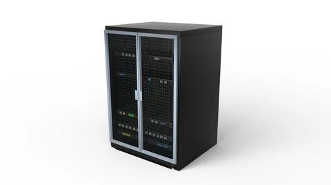 Modern server rack. Server rack image. Isolated on white background. 3d render Stock Illustration