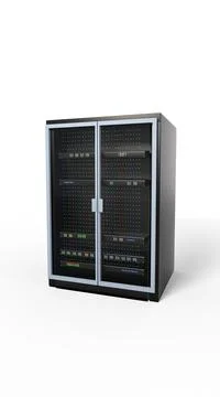 Modern server rack. Server rack image. Isolated on white background. 3d render Stock Illustration