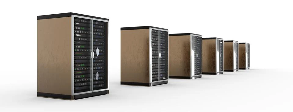 Modern server rack. Server rack image. Isolated on white background. 3d render Stock Illustration