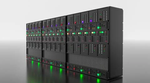 Modern server rack. Server rack image. White background. 3d render Illustrazione stock