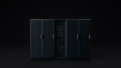 Modern server racks are arranged in a dark data center, indicating advanced Stock Footage 347761323