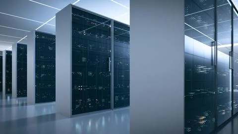 Modern Server Racks in Bright Data Center 库存照片