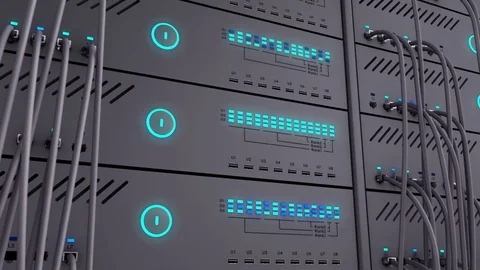 Modern server. Realistic LED. Working data servers. Camera moves to the right Stock Footage 70593843