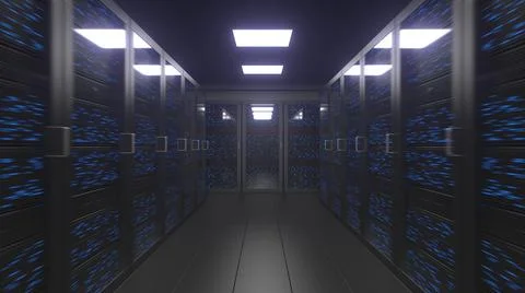 Modern server room 3d rendering. Cloud technology, big data or digital age Illustrazione stock