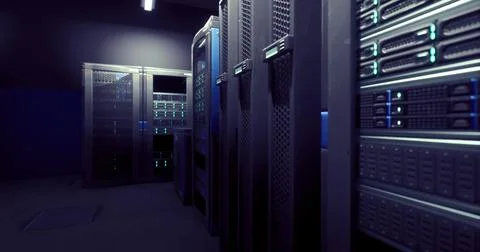 Modern server room with advanced technology during nighttime operation Stock Illustration