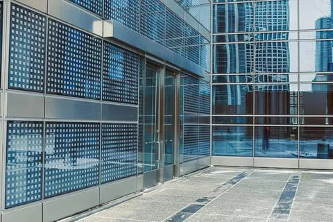 Modern server room with blue and black computer racks Stock Photos