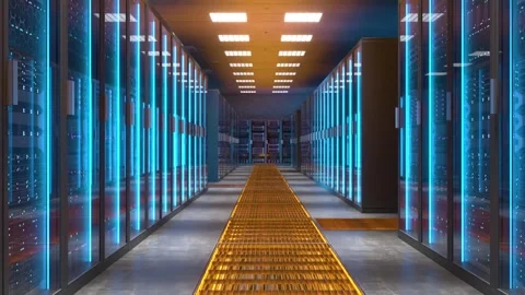 Modern server room with blue lights and orange floor 3d 動画素材 313939169