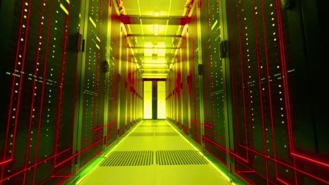 Modern server room corridor with bright yellow lights and computer racks Stock Footage 340355875