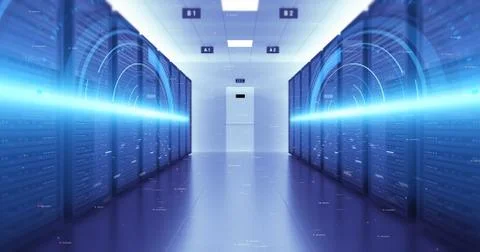 Modern Server Room Environment. Computer Racks. Futuristic Data Center. Illustrazione stock