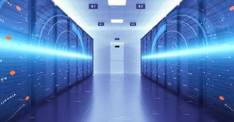 Modern Server Room Environment. Computer Racks. Futuristic Data Center. Illustrazione stock