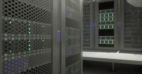 Modern server room featuring rows of storage units with green lights Stock Illustration