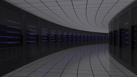 Modern server room full of racks. Cloud technologies or data center concepts. 3D Stock Illustration