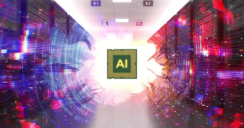 Modern server room with glowing artificial intelligence chip. Stock Footage 332423737