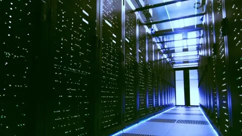 Modern server room with glowing data center units. 스톡 동영상 336814015