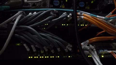 Modern server room. Glowing lights on network server rack. Stock Footage 126353786