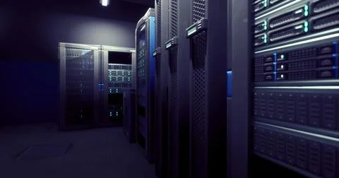 Modern server room with high tech servers in dim lighting Illustrazione stock