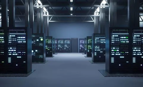 Modern server room with rack-mounted computers Stock Photos