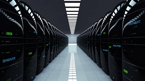 Modern server room. Realistic LED lights are flashing Stock Footage 70010693