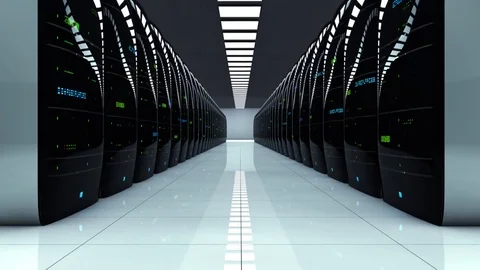Modern server room. Realistic LED lights are flashing. camera moves up Stock Footage 70063237