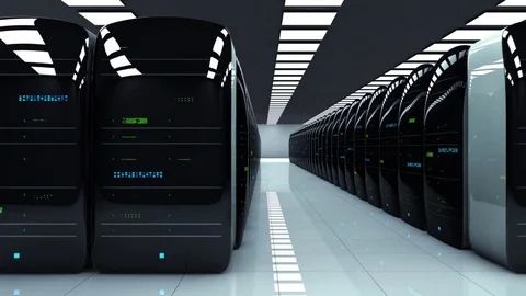 Modern server room. Realistic LED lights are flashing.. Camera moves to the Video stock 70098999